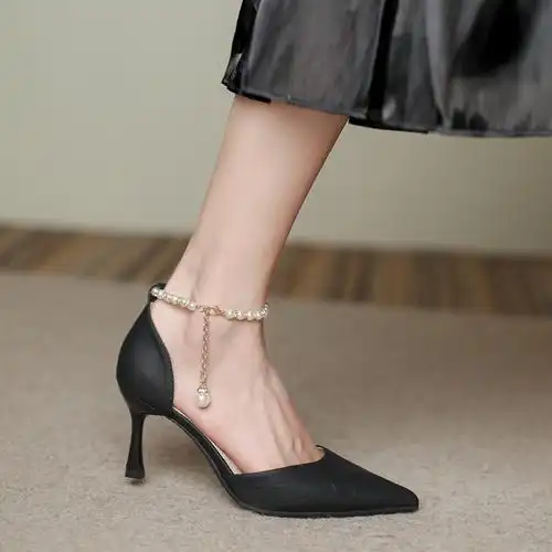 白色高跟鞋女夏细跟2022年秋款法式尖头珍珠一字带凉鞋女中空单鞋