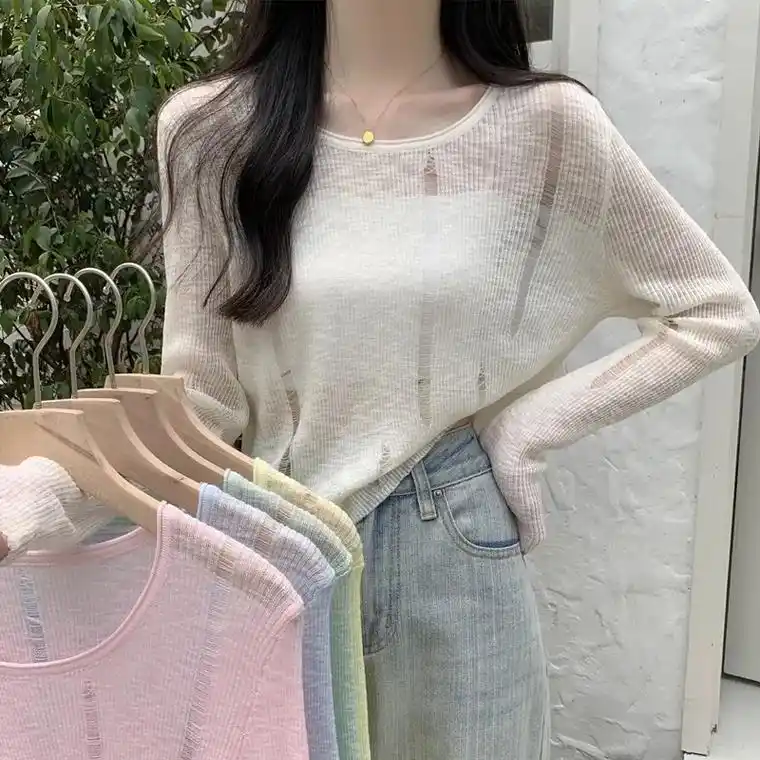 夏季薄款镂空透明冰丝防晒衣女长袖针织罩衫空调衫面膜t恤上衣服 - 抖