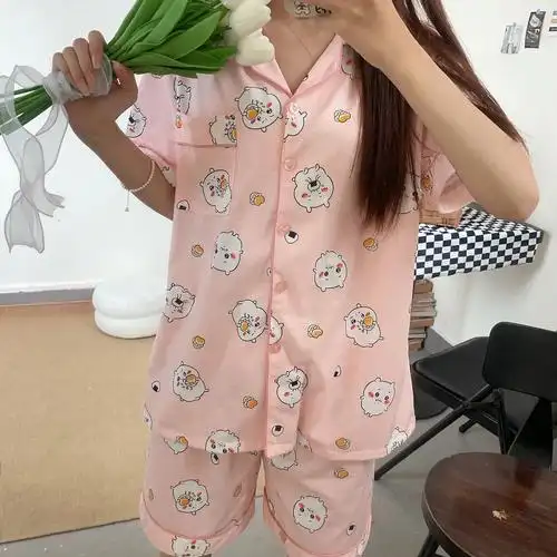吉伊睡衣女夏季短袖短裤纯棉卡通ins风可爱韩版开衫家居服套装 - 17网