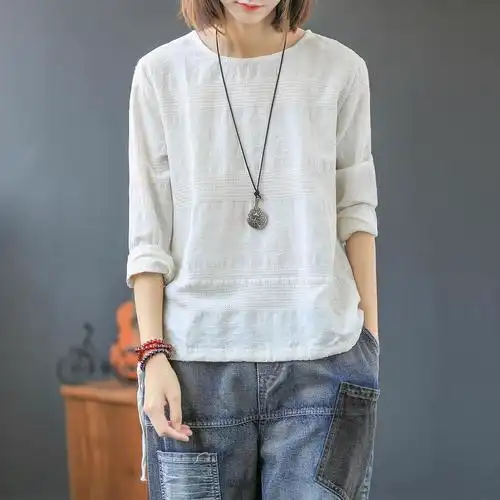 复古提花图案棉麻t恤女纯色圆领长袖套头棉麻衫春秋百搭打底上衣