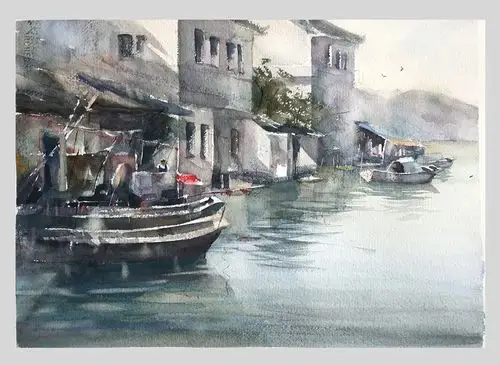 夏宇航水彩画《江南水乡》
