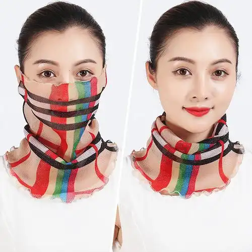 单色百变小丝巾印花金丝围脖防晒口罩骑行面罩面纱百搭假领子脖套