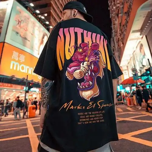 欧美街头复古慵懒风嘻哈半袖ins短袖男加肥大码潮牌宽松胖子潮t恤