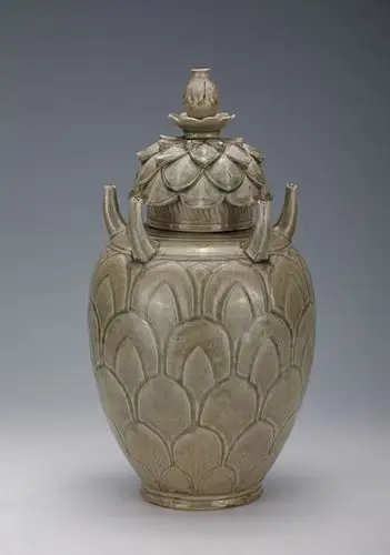 越窑青釉覆仰莲瓣五管瓶