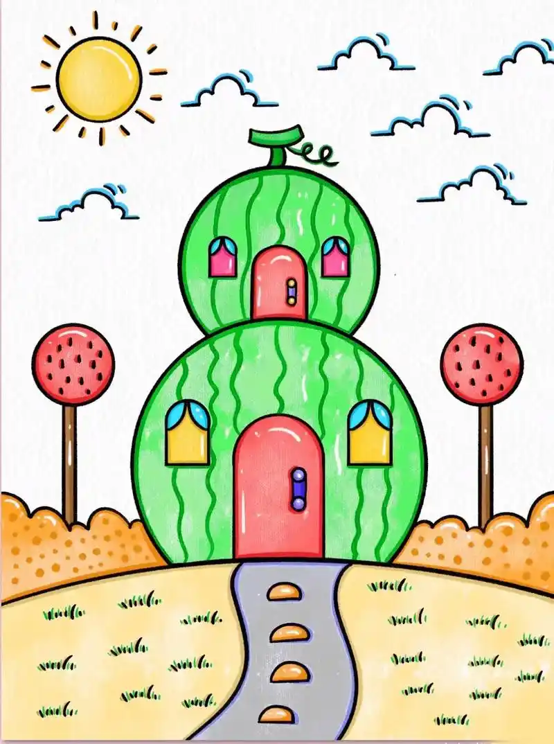 创意双层西瓜房子儿童简笔画教程, - 抖音