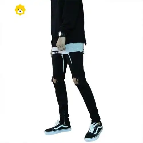 fishbasket黑色牛仔裤男季高街男生2024新款破洞修身男裤美式拉链裤子