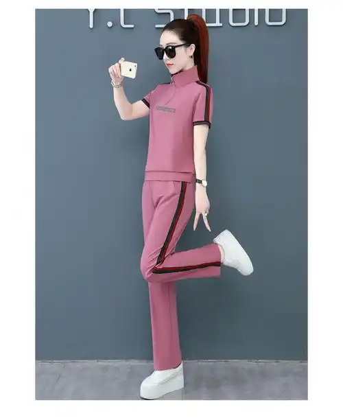 音庭谣 时尚休闲运动套装女夏季运动套装女夏翻领短袖t恤衫长裤跑步