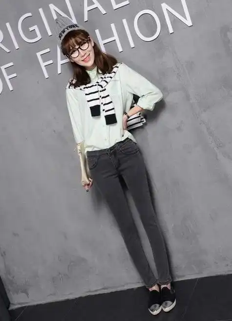 春秋款烟灰色牛仔裤女弹力小脚长裤韩版修身显瘦紧身铅笔裤子