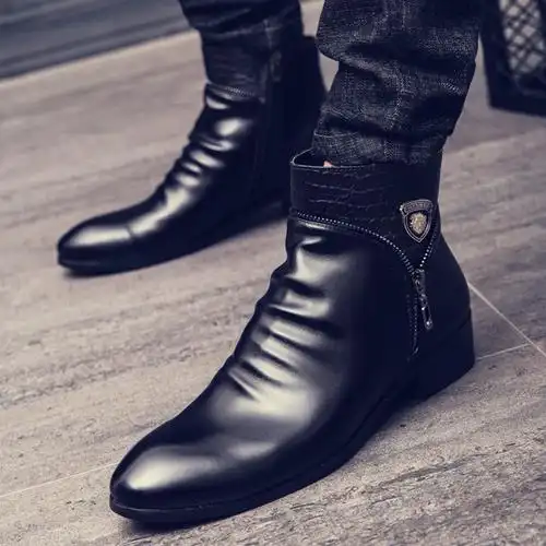 褶皱复古尖头皮靴子男真皮马丁靴138元秋冬男士高帮休闲英伦潮流尖头