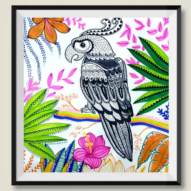 创意绘画——鹦鹉百花.绘画主题:线描《鹦鹉百花》 适合年龄: - 抖音