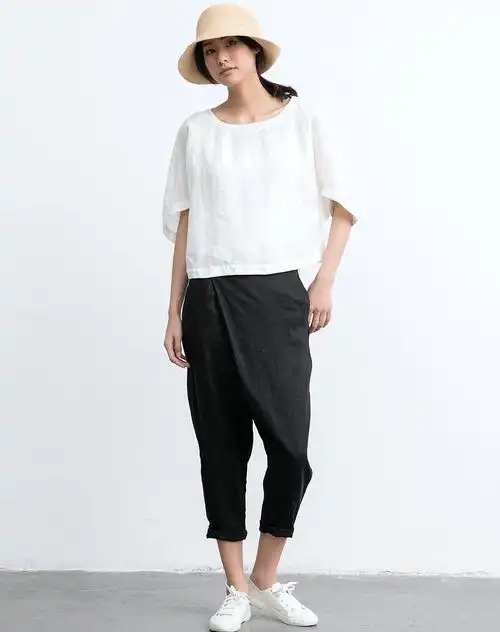 休闲宽松亚麻九分裤黑色