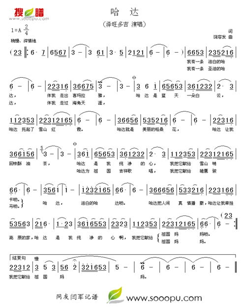 歌谱分享 → 哈达 (泽旺多吉) 歌手:泽旺多吉 分类:民族 格式:简谱