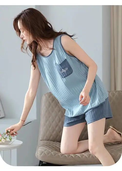 黛茜雅睡衣女夏吊带短裤纯棉套装夏季女士背心短衣一套的可外穿家居服