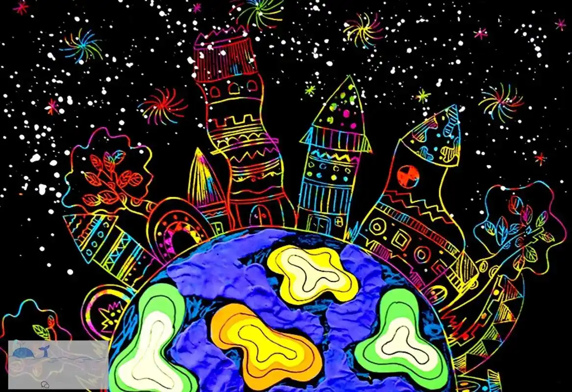 《旋转的星球》创意美术96.1.在刮画纸上挂出地球半球体及楼 - 抖音