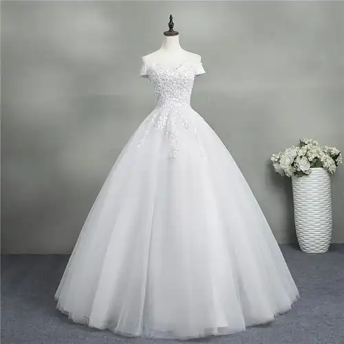 2021婚纱礼服一字肩齐地绑带蕾丝蓬蓬裙外贸大码来图定制亚马逊