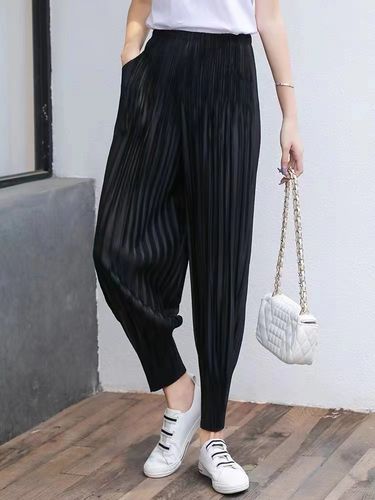 三宅褶皱萝卜裤女夏季薄款显瘦宽松哈伦九分时尚百褶休闲小脚裤子