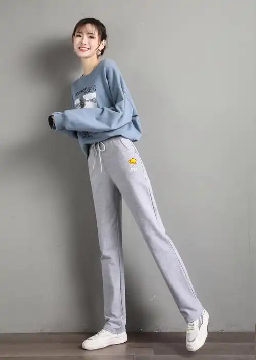 艳如飞棉刺绣工艺女式运动裤直筒款自然腰小宽松显瘦卫裤跑步休闲学生