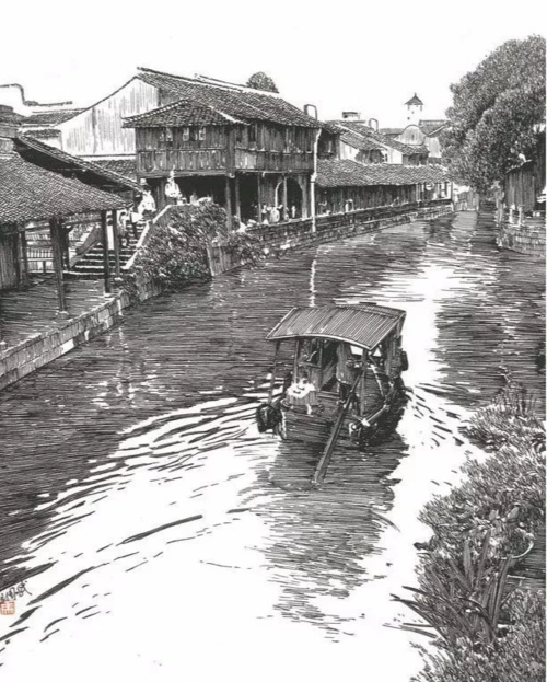 看看这位用钢笔画的江南水乡