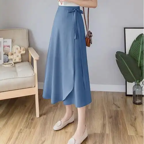 纯色一片式半身裙夏高腰绑带a字复古长裙雪纺垂感度假一块布裙子