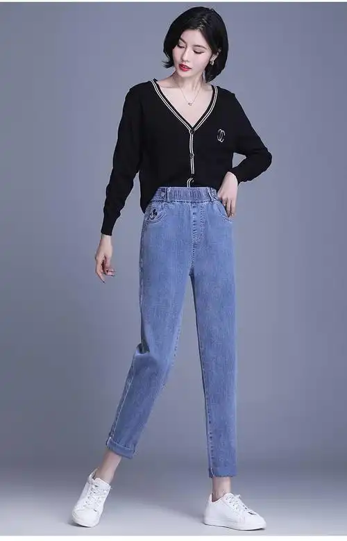 女装 女士牛仔裤 > 施悦名 韩版高腰牛仔裤女秋冬新款宽松哈伦裤女