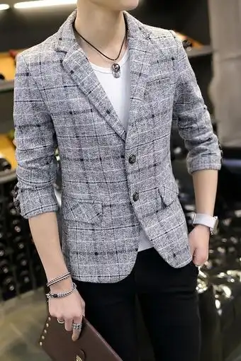 春秋季男士修身商务休闲小西装外套潮男青年韩版格子西服男版上衣