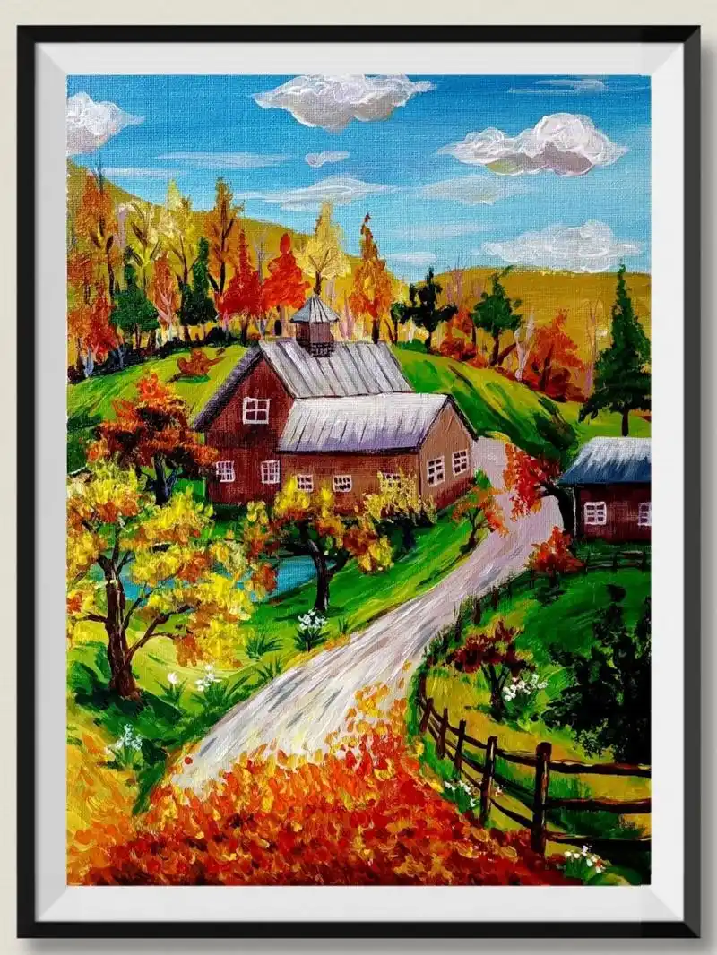 《秋日风景》 绘画主题:水粉创作《秋日风景》 适合年龄:8—12岁 创作