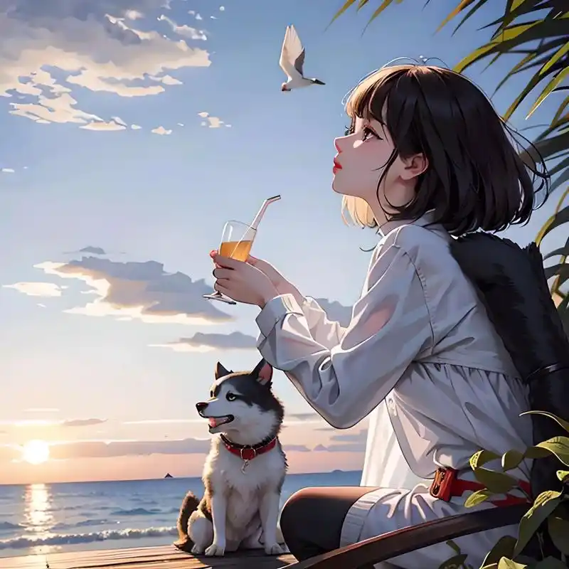 一个人夏天 一个人看海 一只狗陪我 #治愈系插画# #优质头像# #哈士奇