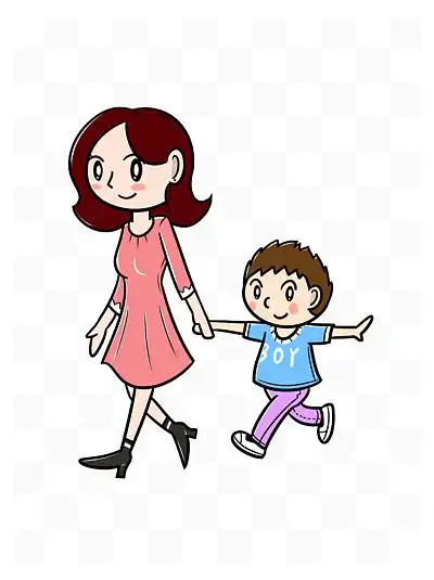 卡通母亲节母子牵手散步png透明底