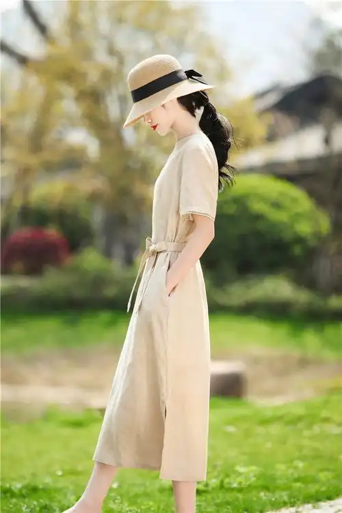 素订棉麻女装官方素素杭州中长款刺绣收腰显瘦v领亚麻连衣裙夏天薄款