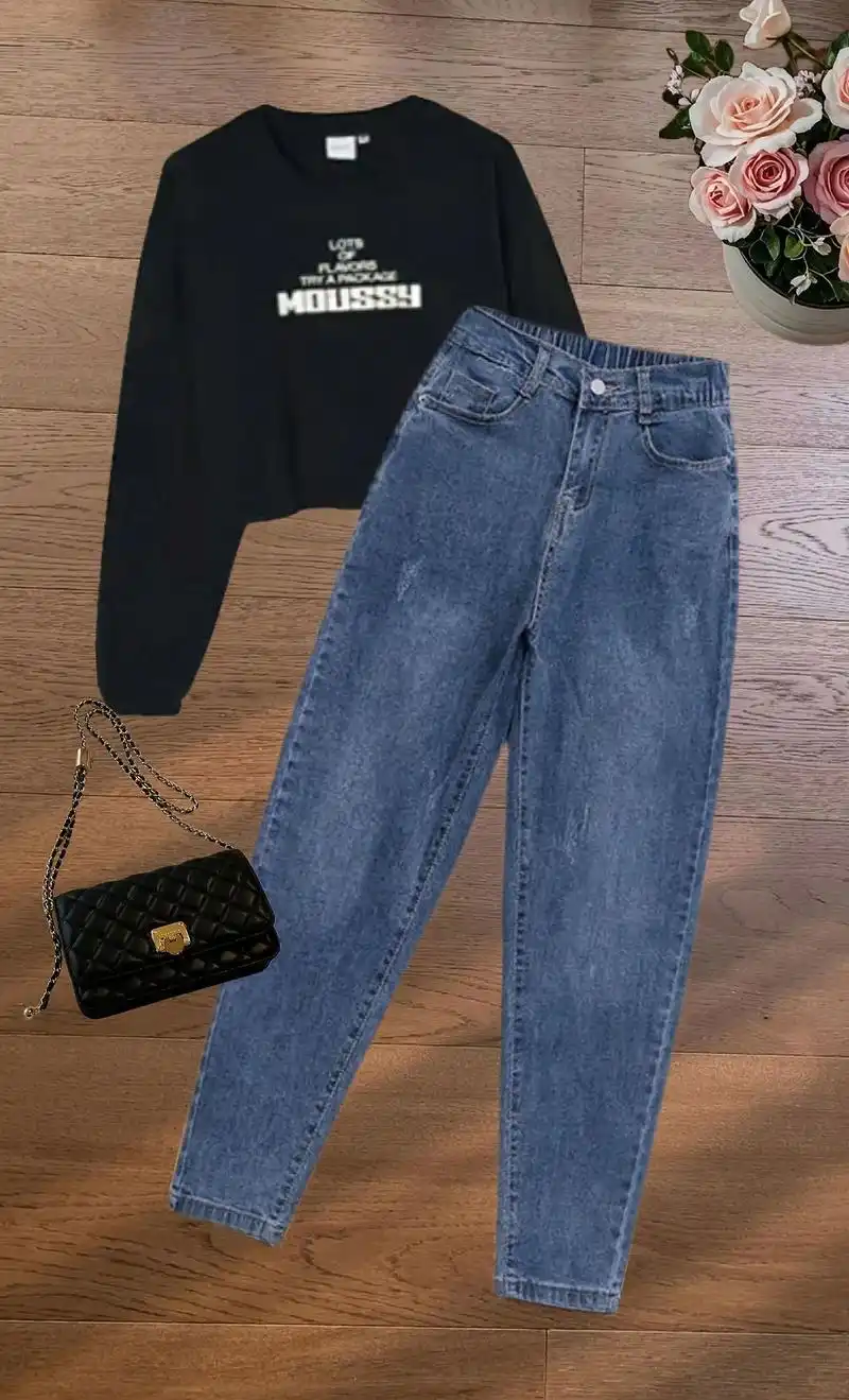 松紧腰牛仔裤女新款高腰老爹裤百搭休闲直筒裤九分萝卜裤哈伦裤