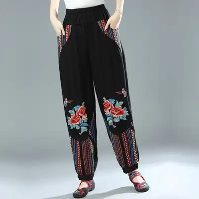 复古民族风女裤春秋中老年棉麻灯笼裤女宽松大码妈妈高腰阔腿长裤