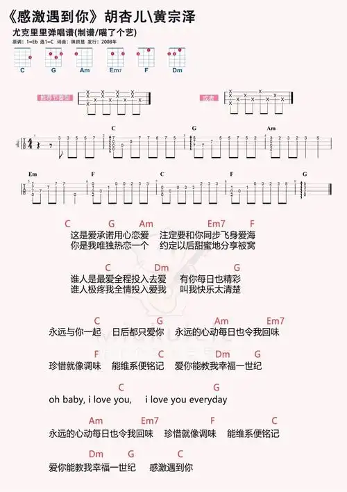 感激遇到你尤克里里谱-胡杏儿-c调指法
