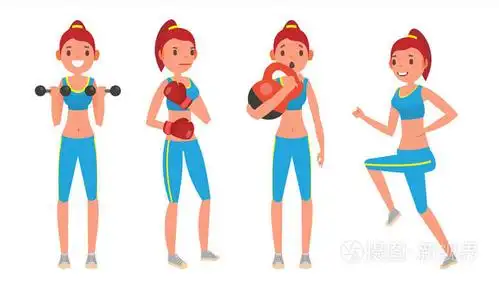 健身女孩矢量.设置.现代锻炼与舒展, 重量.健康的生活方式.