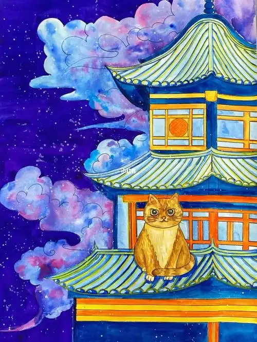 古建筑儿童画水彩猫咪