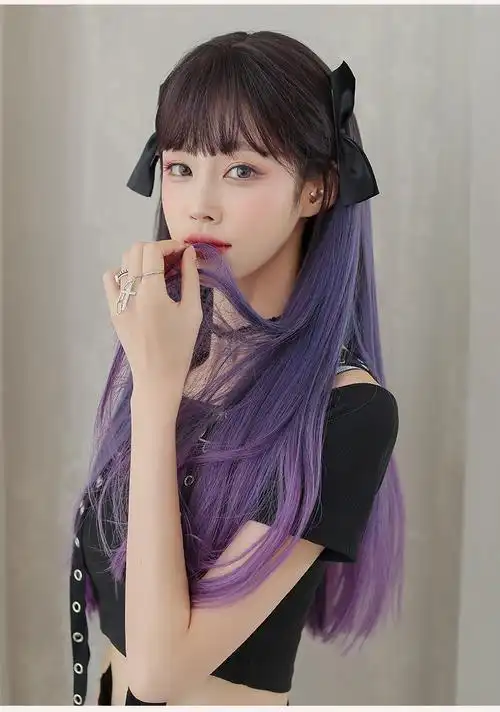 假发女长发蓝紫渐变颜色长直发空气刘海整顶发套时尚紫色全头套 芭比