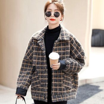 呢子大衣女士韩版宽松气质显瘦女装格子上衣毛绒外套女咖格s115斤以下