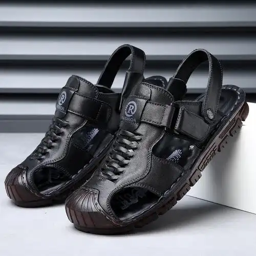 头层牛皮凉鞋男士包头夏季外穿休闲沙滩鞋男款防滑软底镂空男拖鞋