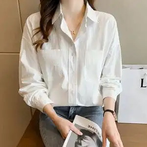 可风各3638衬衫p55 白衬衫女长袖韩版宽松上衣慵懒风bf纯棉衬衣图片