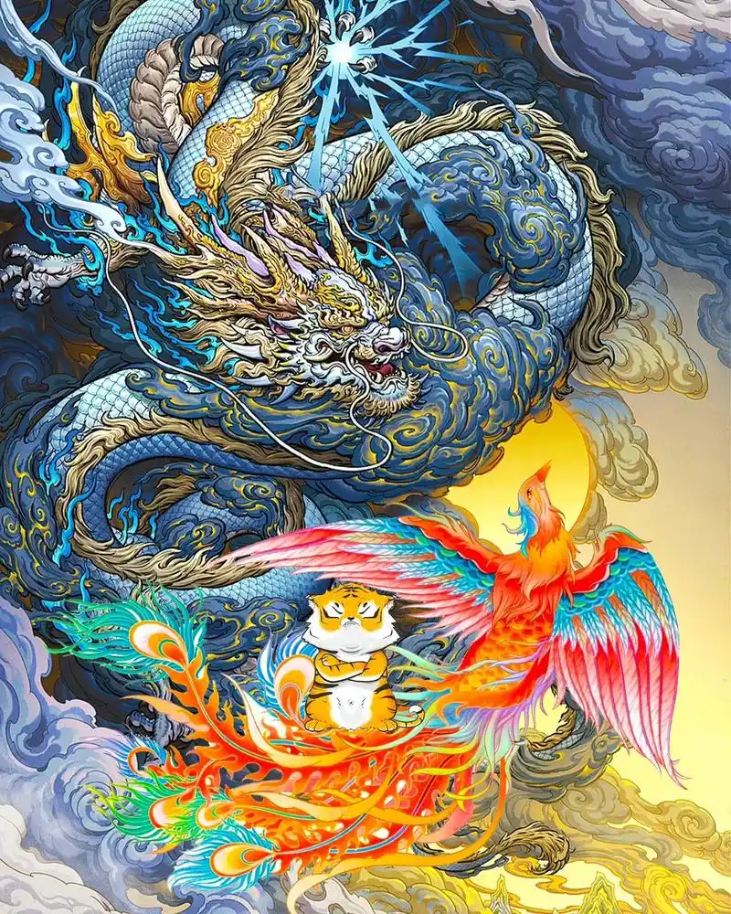 龙爸爸鸡妈妈(凤凰)小骄傲的虎儿子,平安喜乐.#画画 #手绘 - 抖音