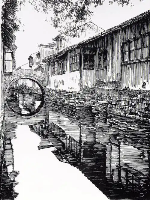 钢笔画黑白的江南风格