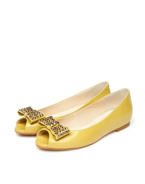 达芙妮daphne女鞋专场 达芙妮低跟铆钉蝴蝶结鱼嘴柠檬黄女凉鞋