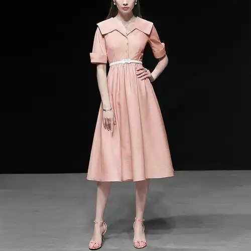 夏装2021新款女装复古收腰长裙气质名媛短袖显瘦中长款连衣裙