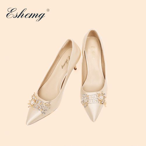eshemg香槟色婚鞋2020年新款高跟鞋女婚鞋细跟主纱婚鞋结婚鞋绸缎