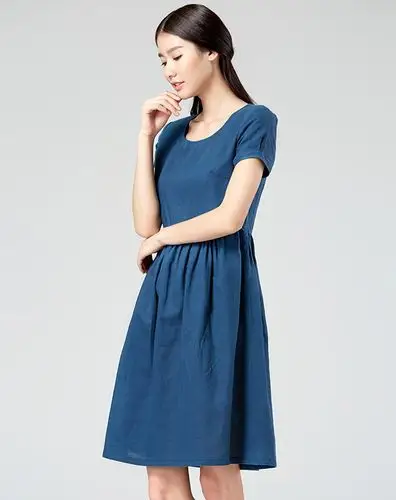 初棉纯色棉麻短袖连衣裙7760300_唯品会