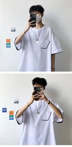 布鲁森 短袖t恤男2020港风新款夏季潮流时尚半截袖青年全棉纯色口袋