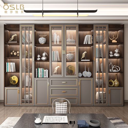 客厅书柜一体整墙新中式实木书房轻奢高档玻璃门去客厅化书柜书架