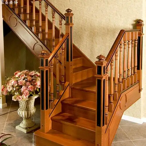 定制中式花格整体实木楼梯木扶手立柱栏杆别墅跃层复式阁楼踏步板