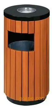 户外圆柱形木条垃圾桶