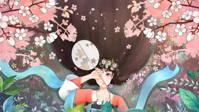 躺望樱花古风少女唯美卡通背景卡通化