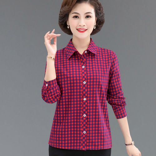 妈妈装长袖格子衬衫中年衬衣女春秋新款大码宽松中老年女装上衣女